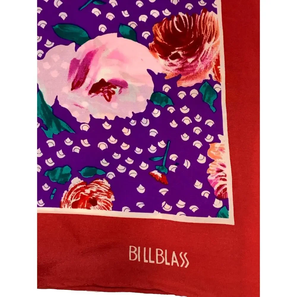 Bill Blass Silk Scarf Vintage 80s Purple Pink Floral Red Border 35